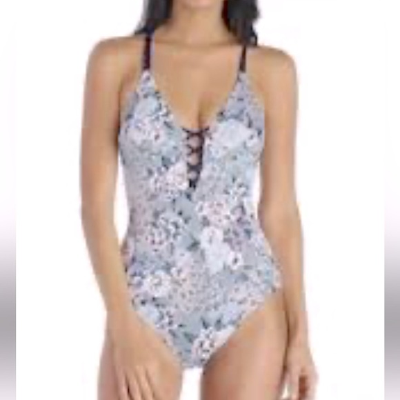 NWT Ambrielle Floral Lace-Up One-Piece Swimsuit - Picture 1 of 12